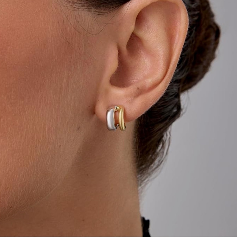14K Gold Plated and Rhodium Plated Two Tone Double Hoop Geometric Earrings - Picture 2 of 3